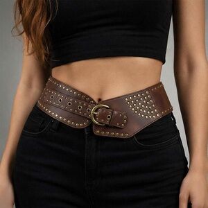 Studded Leather Corset Statement Belt - Beige, Brown, or Black
